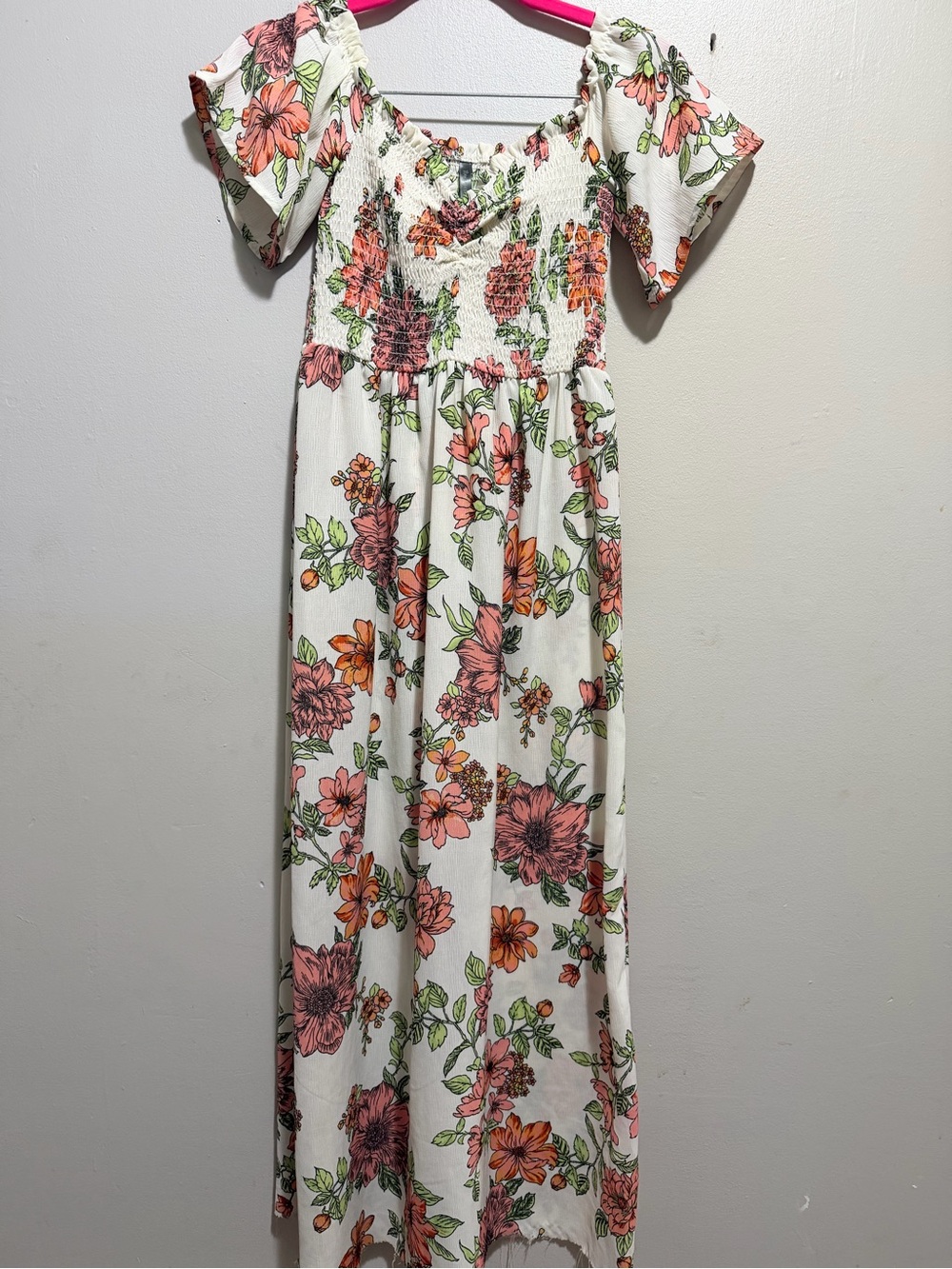 Floral White Maxi Dress with Pink & Orange Blooms